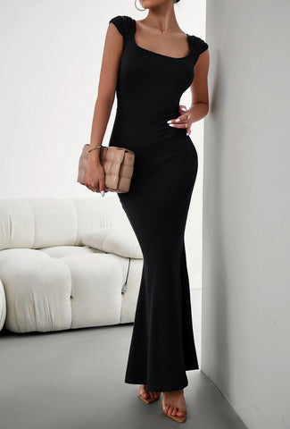 Rear silhouette of white scoop neck cap sleeve maxi dress – Voguelle