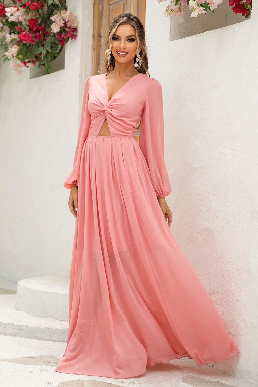 Full length royal blue long sleeve cutout maxi dress for women – Voguelle