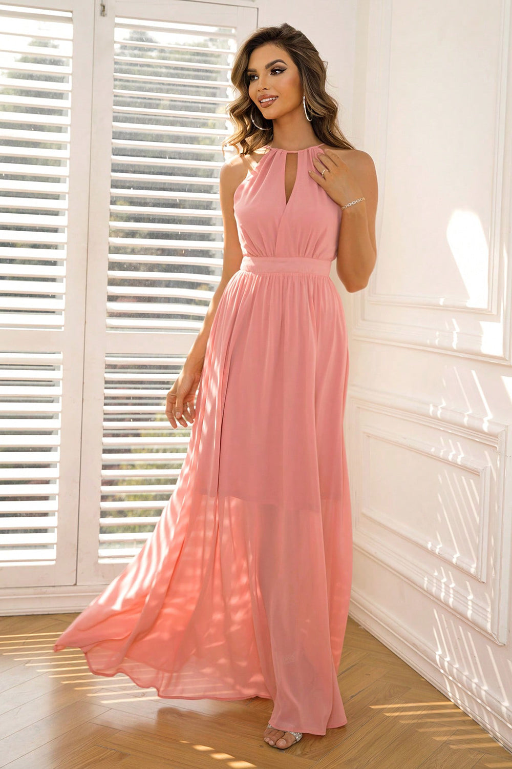Front view of pink tied cutout sleeveless maxi dress – Voguelle