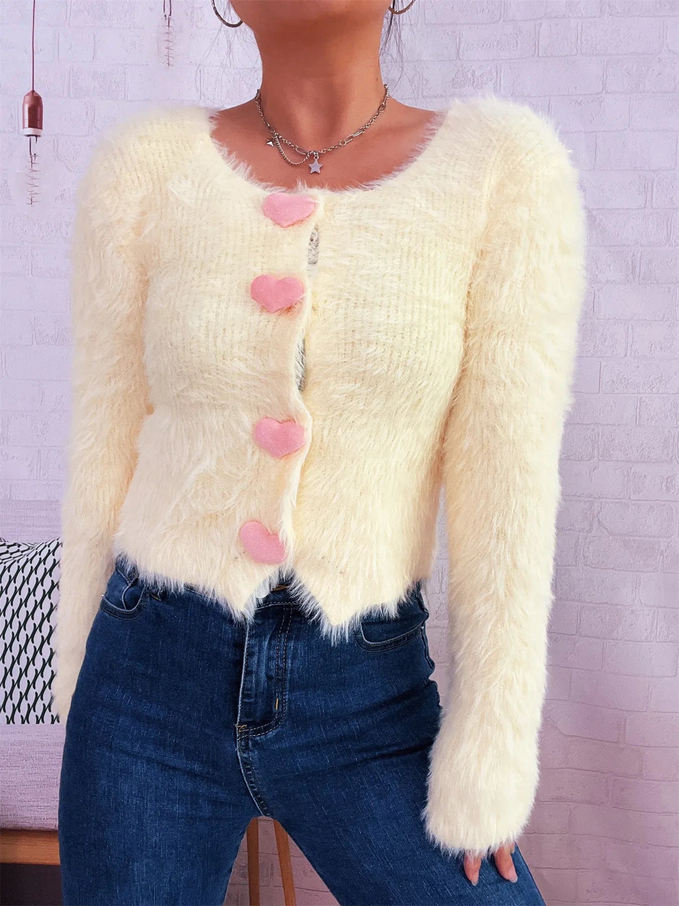 Side view of Fuzzy Heart Shape Button-Up Cardigan in yellow – Voguelle