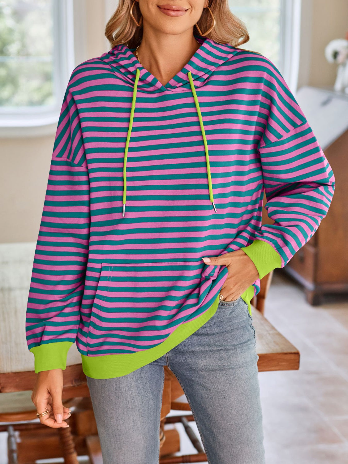 Navy and white striped hoodie with yellow detail – Voguelle