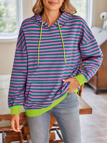 Front view of striped drawstring hoodie with yellow accents – Voguelle