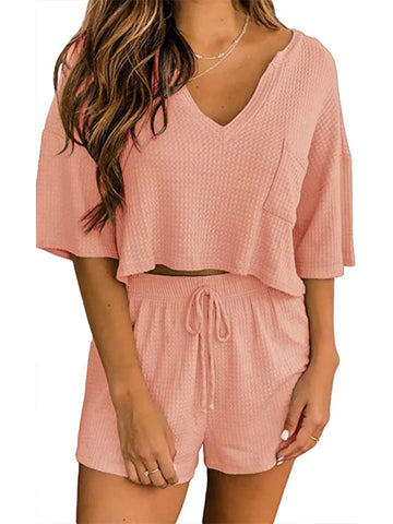 Comfortable waffle knit lounge set styled for casual homewear in mustard yellow – Voguelle