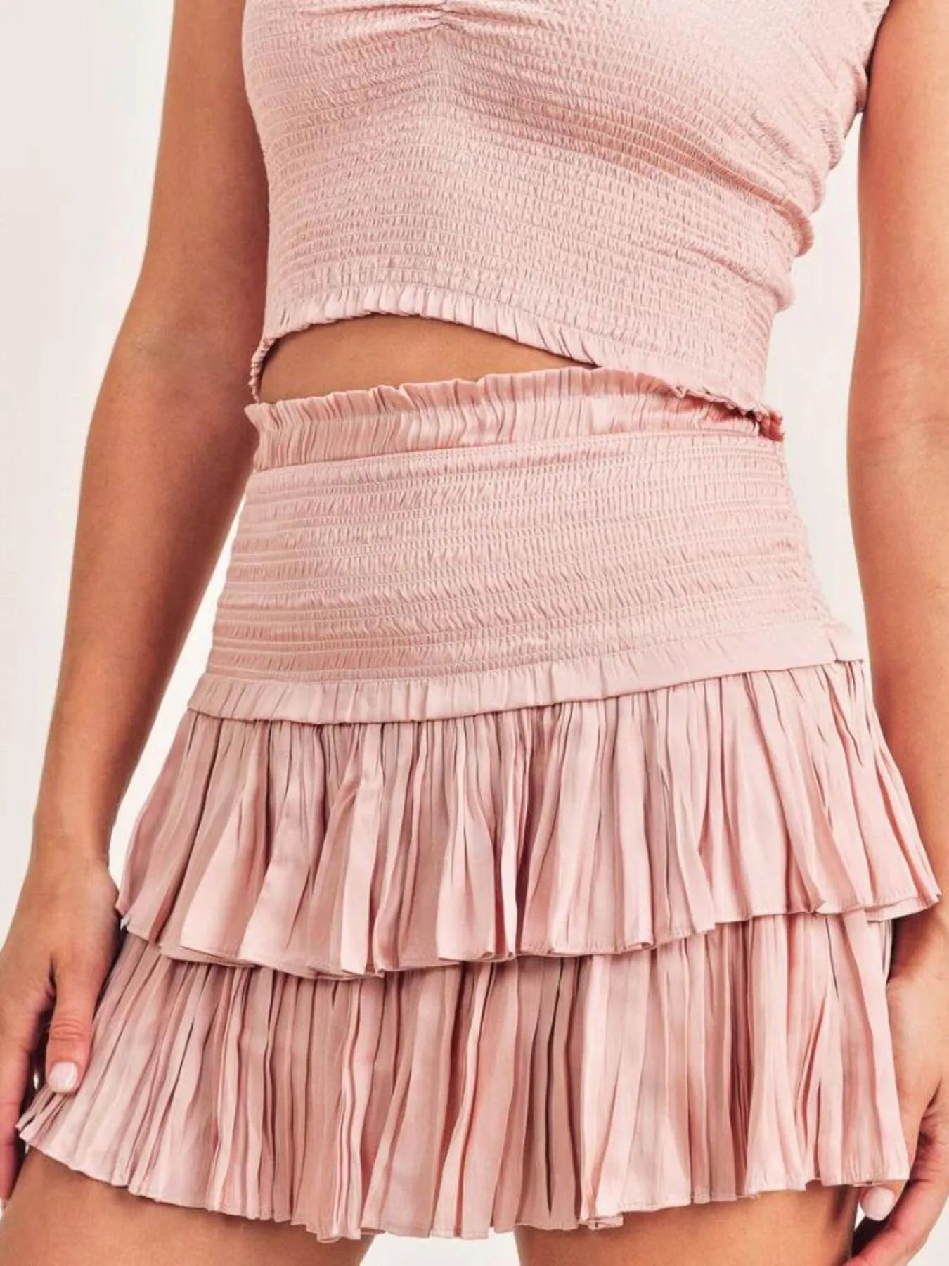 Elegant white cami and tiered skirt co-ord with ruched detailing – Voguelle