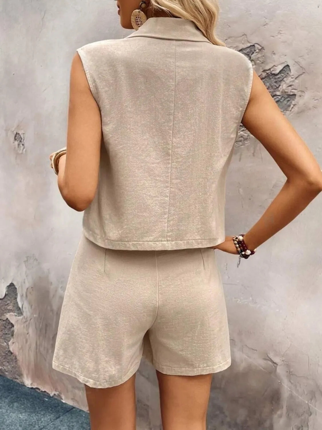 Back view of beige sleeveless top and shorts set – Voguelle
