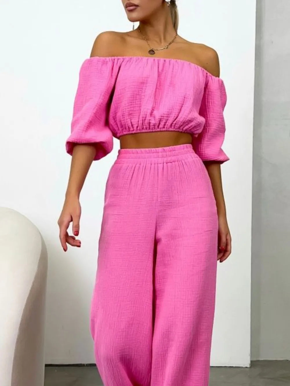 Front side of wearing Off Shoulder Long Sleeve Top & Pants Set, relaxed fit – Voguelle