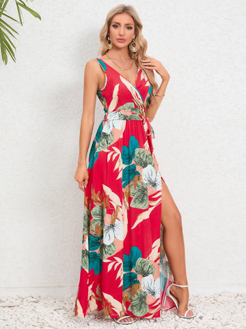 Summer boho look in floral slit surplice maxi dress – Voguelle