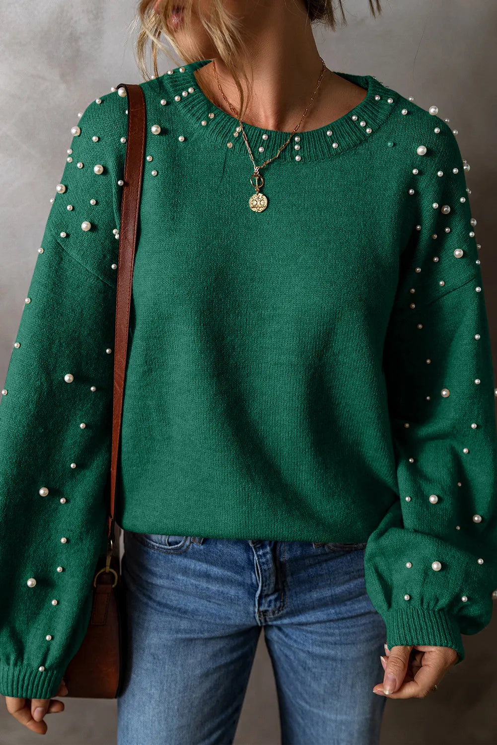 Front view of Pearl Detail Round Neck Long Sleeve Sweater in green – Voguelle