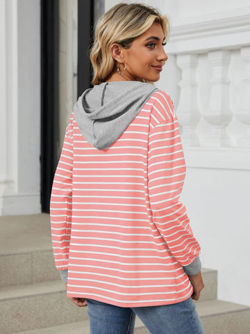 Model in casual striped button front hoodie – Voguelle