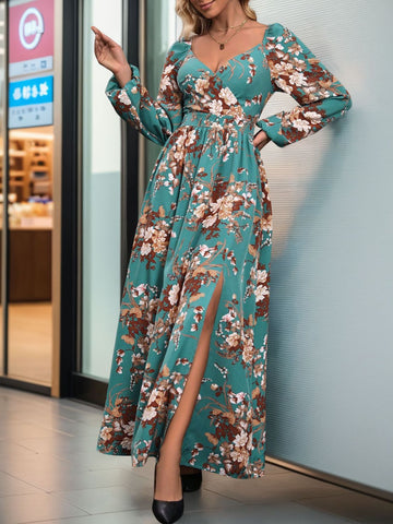 Model wearing wrap-style floral slit maxi dress – Voguelle