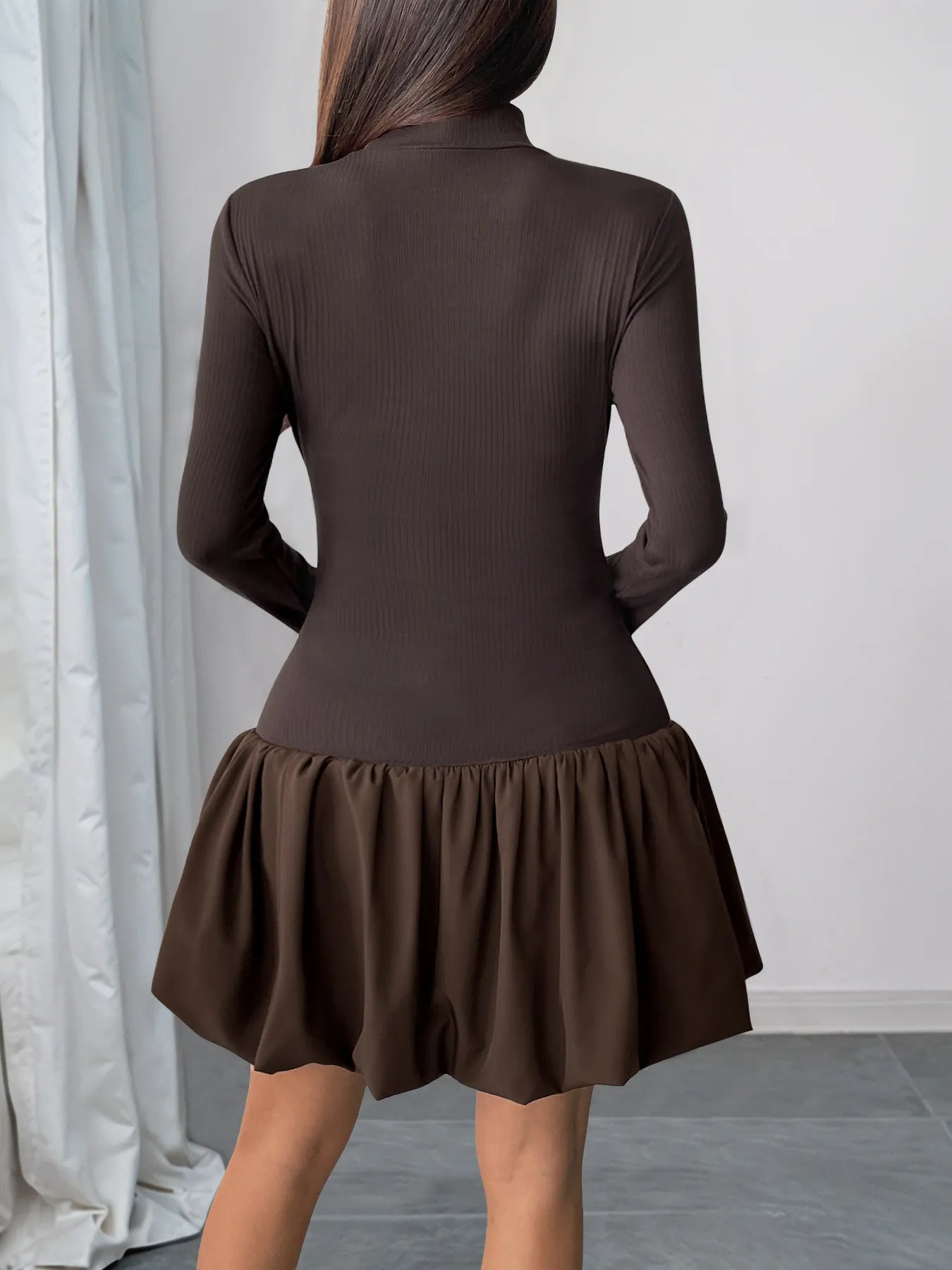 Brown mock neck bubble hem dress back view – Voguelle
