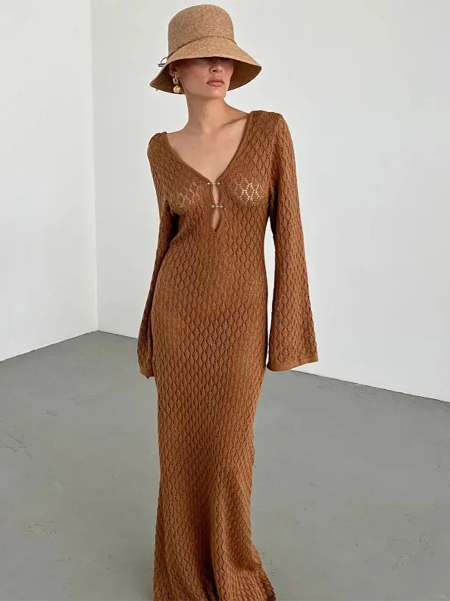 Front slit detail knit hollow-out dress – Voguelle