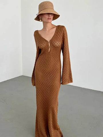 Front slit detail knit hollow-out dress – Voguelle