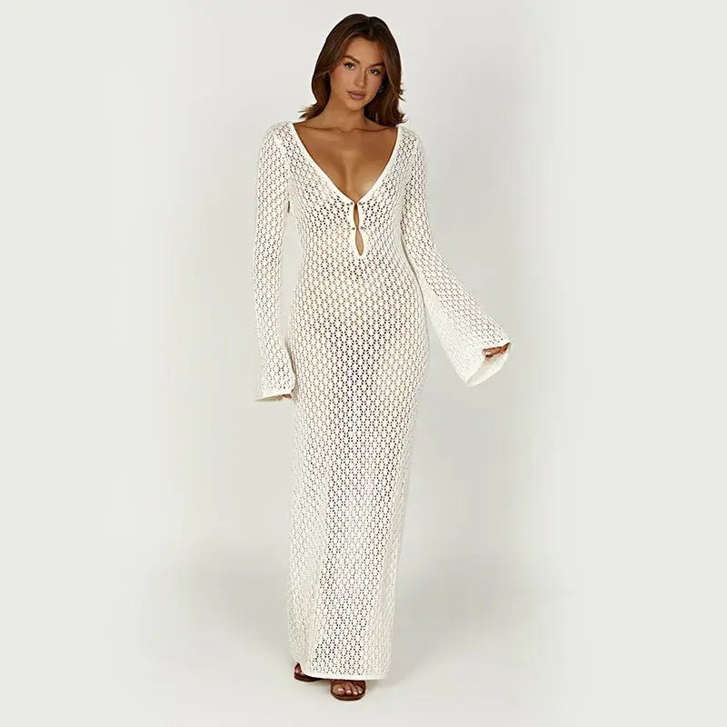 Hollow-out V-neck dress with bell sleeves – Voguelle