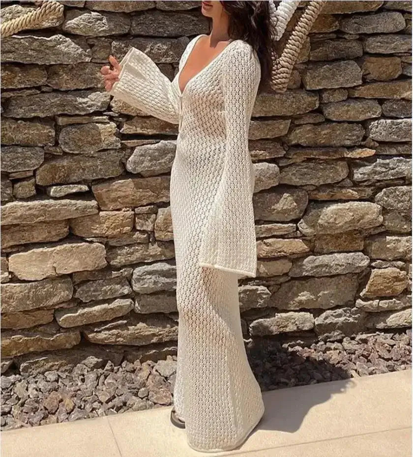 Back view long knit hollow-out V-neck dress – Voguelle