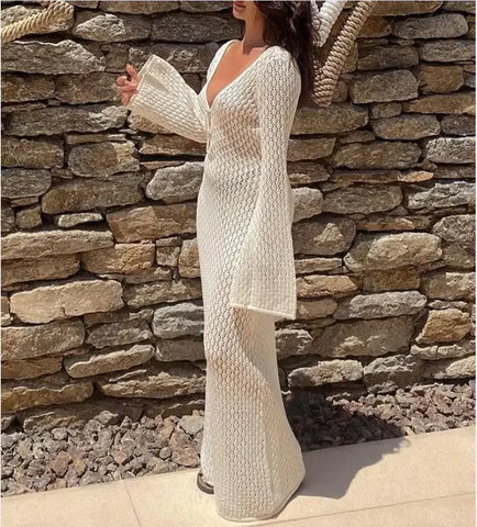 Back view long knit hollow-out V-neck dress – Voguelle