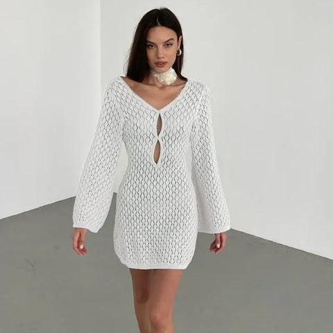 Relaxed fit long knit V-neck dress – Voguelle