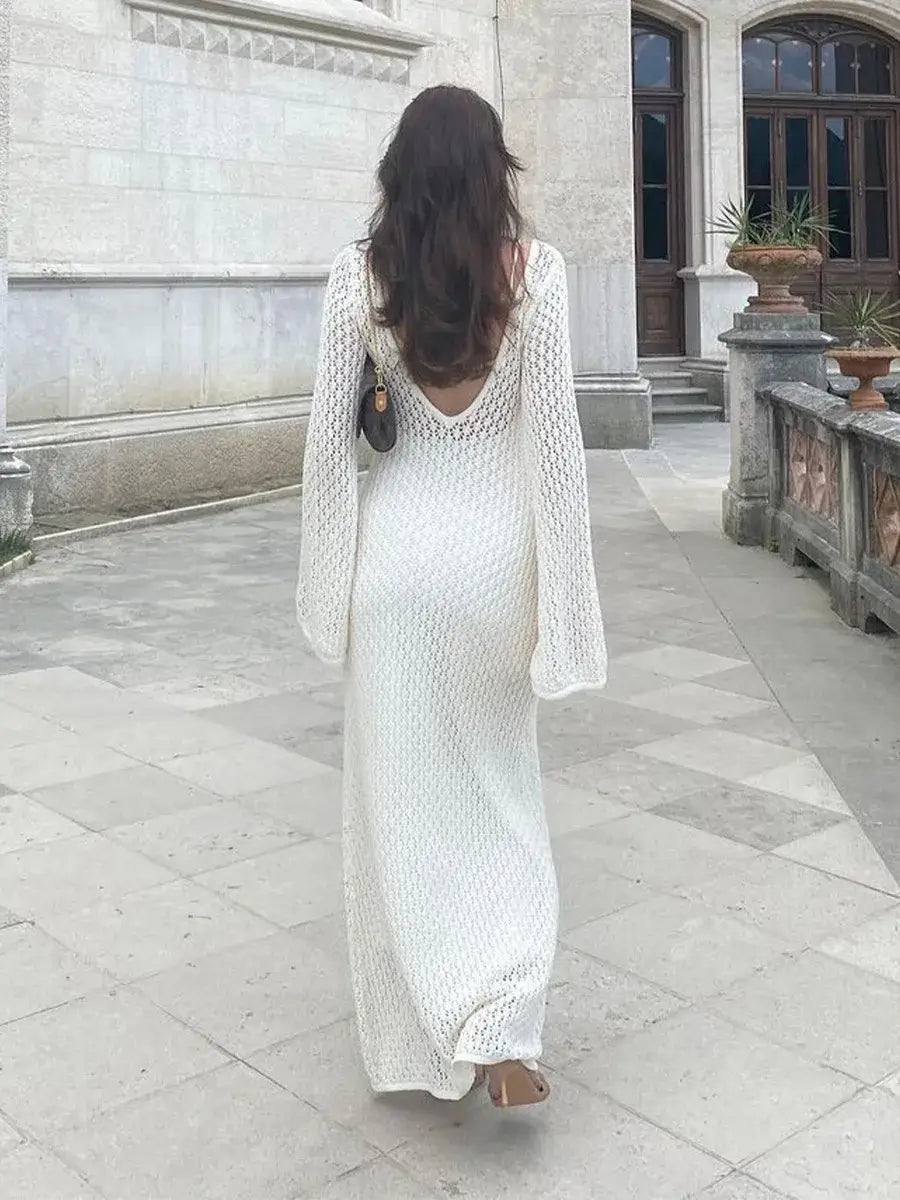 Front detail deep V-neck hollow-out dress – Voguelle
