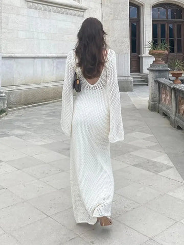 Front detail deep V-neck hollow-out dress – Voguelle