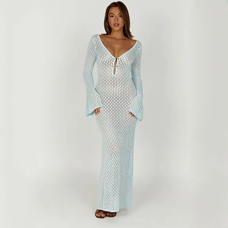 Long sleeve hollow-out knit dress – Voguelle