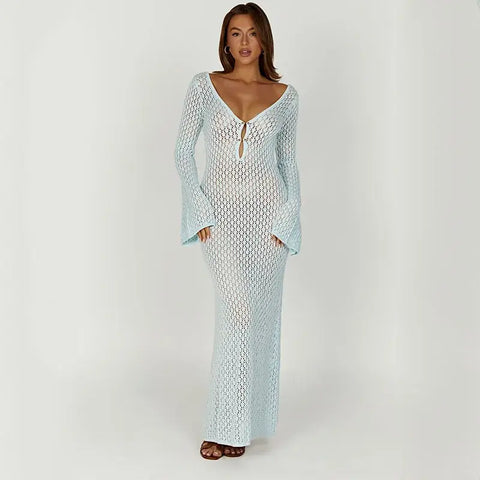 Long sleeve hollow-out knit dress – Voguelle