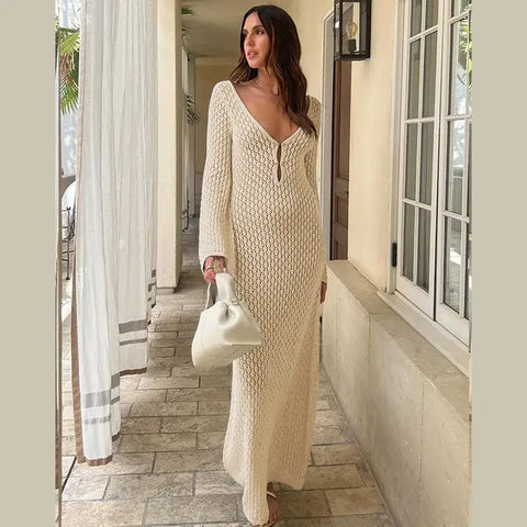 Waistline detail knit hollow-out maxi dress – Voguelle