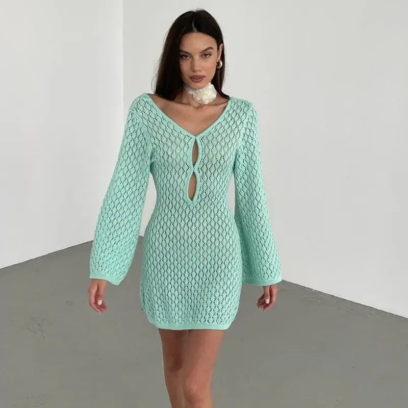 Model wearing hollow-out knit maxi dress – Voguelle