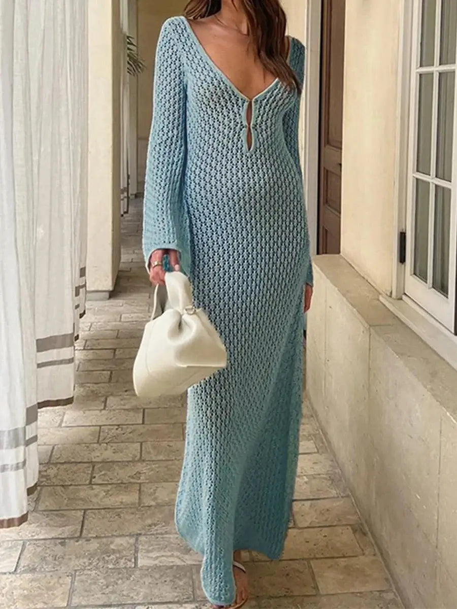 Front view long knit hollow-out V-neck dress – Voguelle