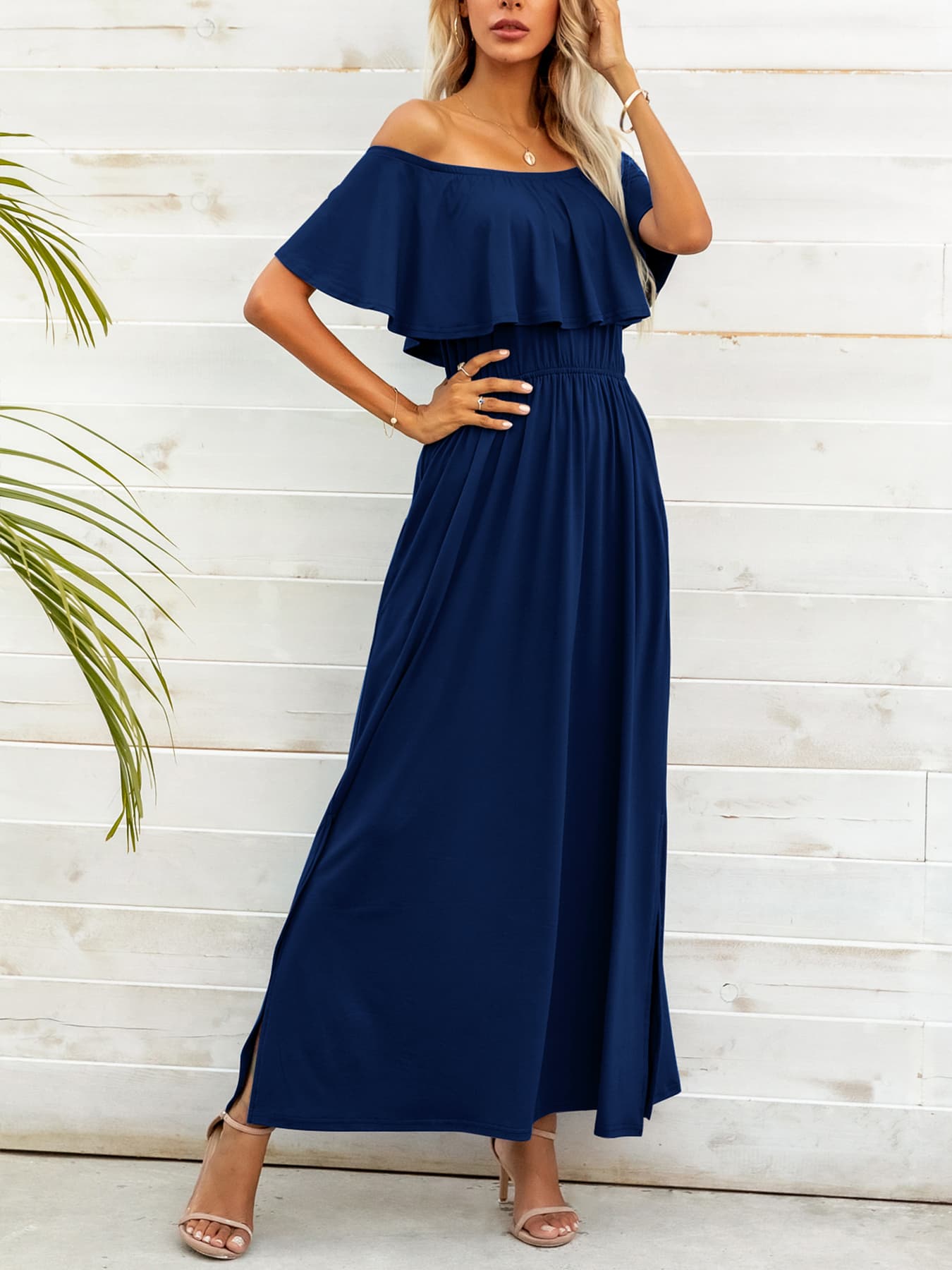 Full-length navy off-shoulder maxi dress with side slit – Voguelle