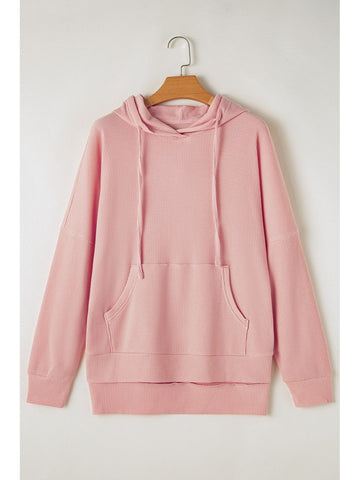 Front pocket detail of gray waffle-knit hoodie – Voguelle