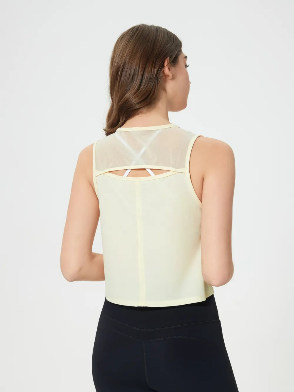 Back detail of Millennia Cropped Active Tank in gray – Voguelle