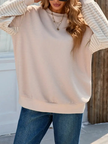 Side angle of Striped Patchwork Long Sleeve Sweatshirt in beige – Voguelle