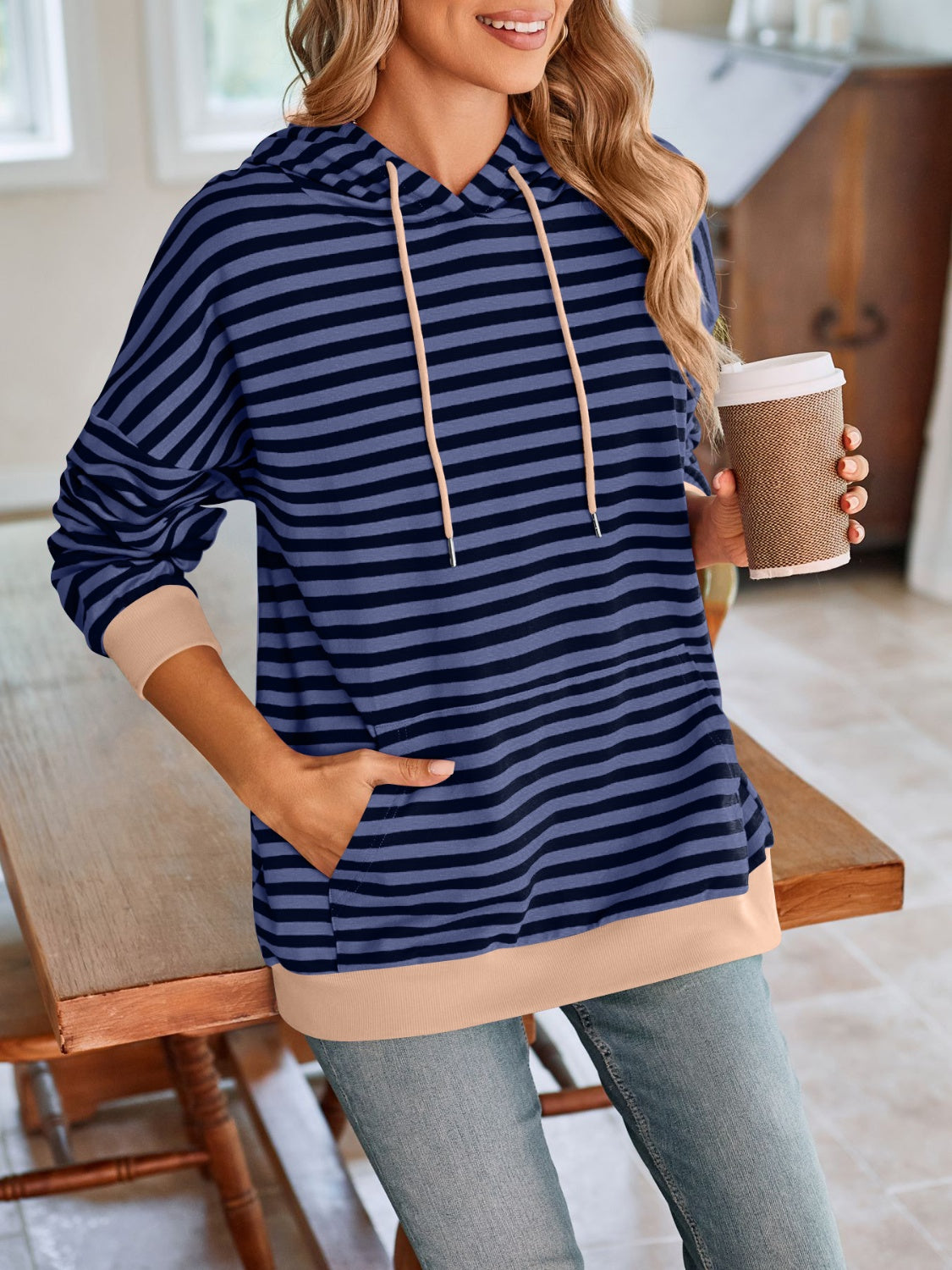 Navy white striped hoodie with yellow trim detail – Voguelle