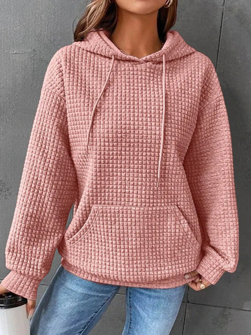 Beige textured hoodie paired with blue jeans – Voguelle