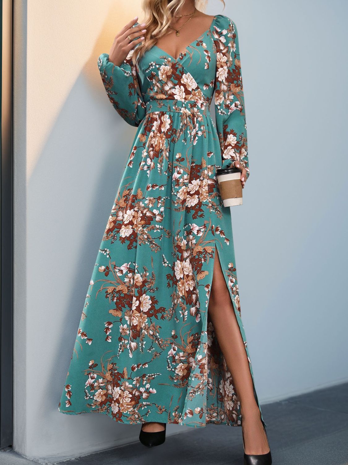 Surplice floral maxi dress with bohemian long sleeves – Voguelle