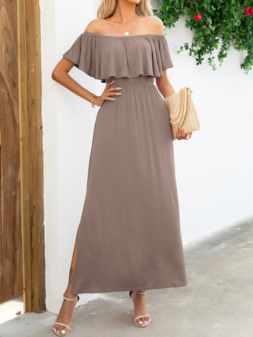 Elegant evening off-shoulder slit maxi dress in navy – Voguelle