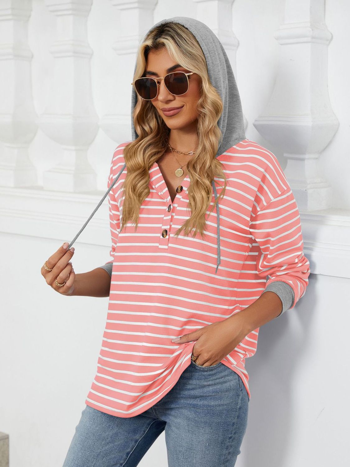 Stylish navy striped hoodie with button and drawstring – Voguelle