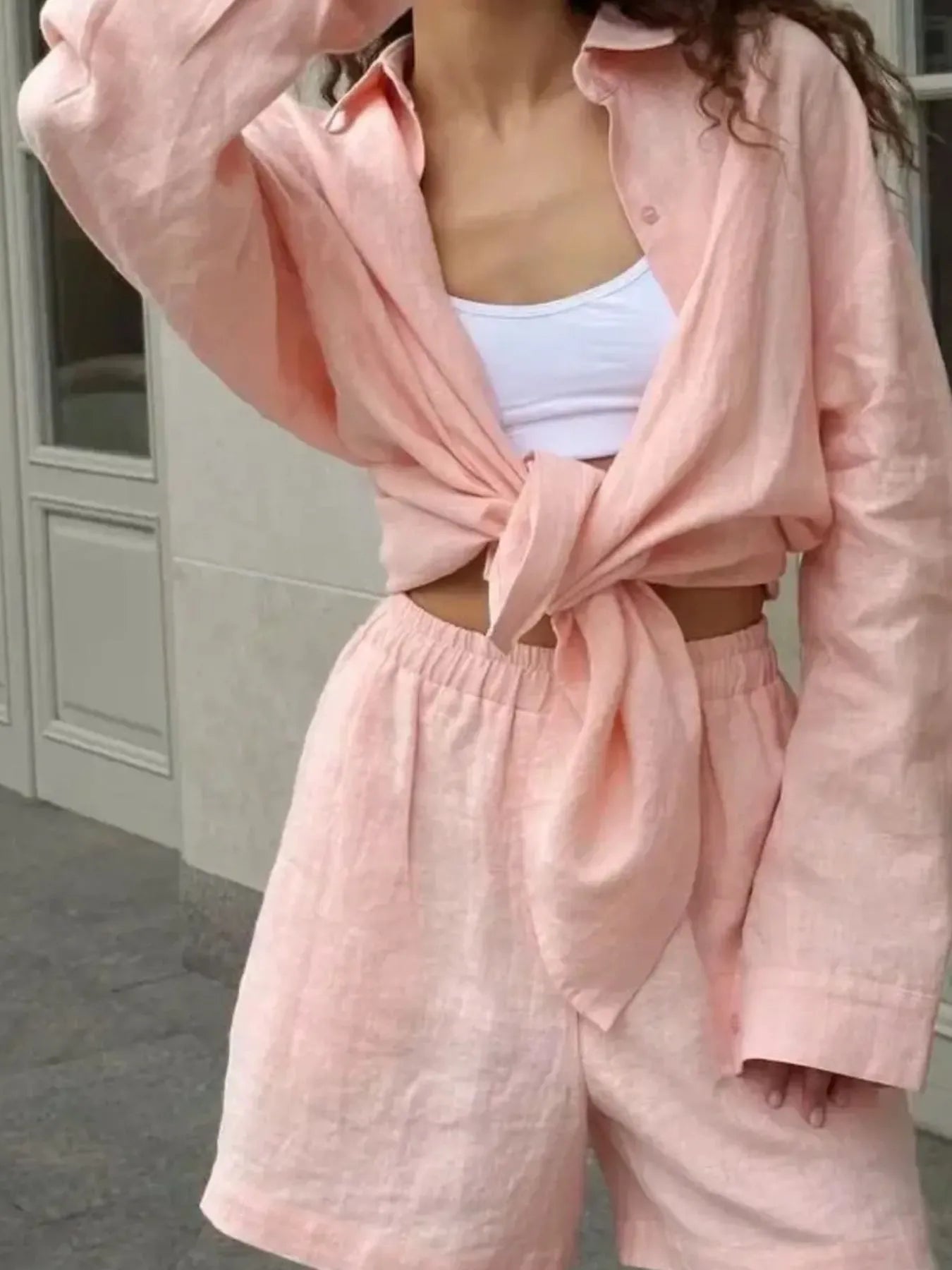 Pink long sleeve shirt paired with elastic waist shorts – Voguelle