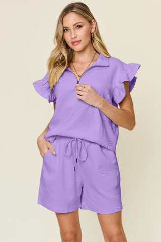 Cream textured lounge co-ord outfit full-body view – Voguelle
