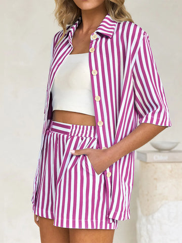 Close-up of striped short-sleeve shirt and elastic waist shorts on model – Voguelle