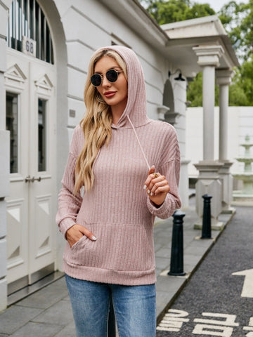 Model holding coffee cup wearing beige ribbed drawstring hoodie – Voguelle