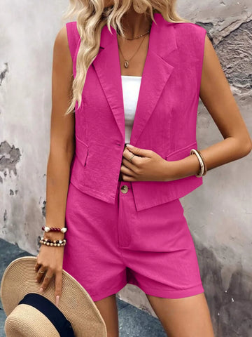 Model styling One Button Sleeveless Two-Piece Outfit in pink – Voguelle