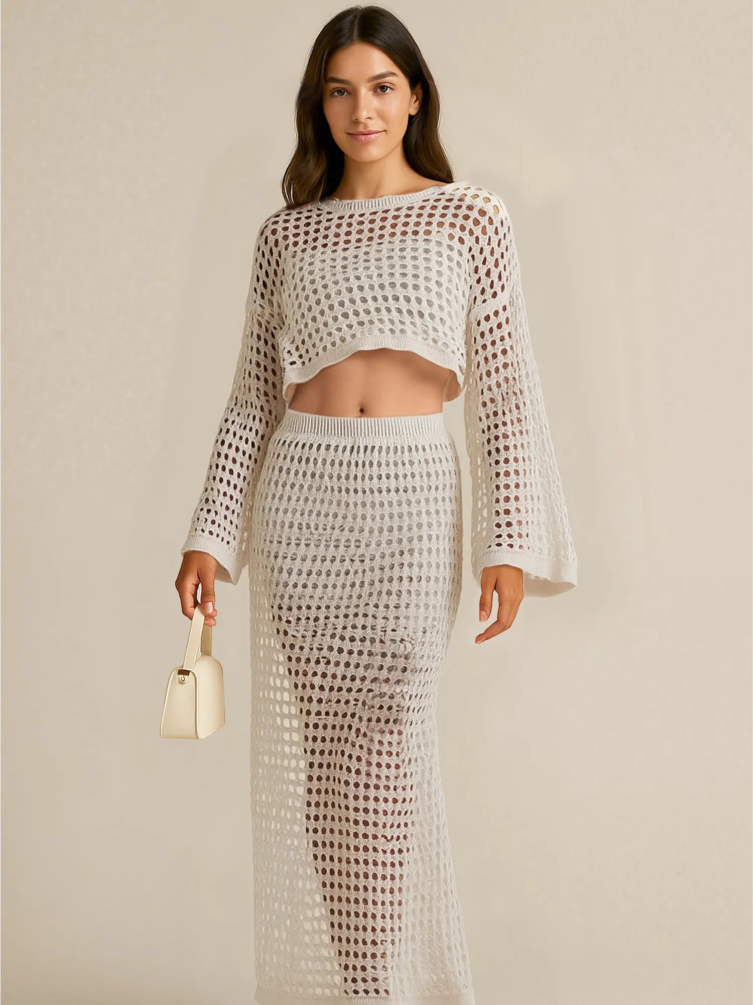 Full body look of long sleeve hollow out knit two-piece set in white – Voguelle
