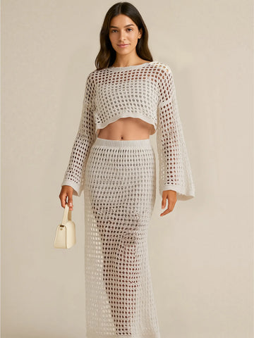 Full body look of long sleeve hollow out knit two-piece set in white – Voguelle