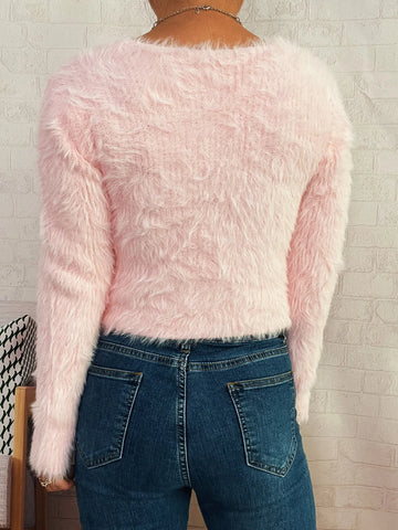 Back view of Fuzzy Heart Shape Button-Up Cardigan in pink – Voguelle