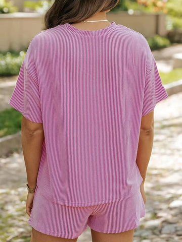 Back view of Plus Size Ribbed Short Sleeve Top and Shorts – Voguelle