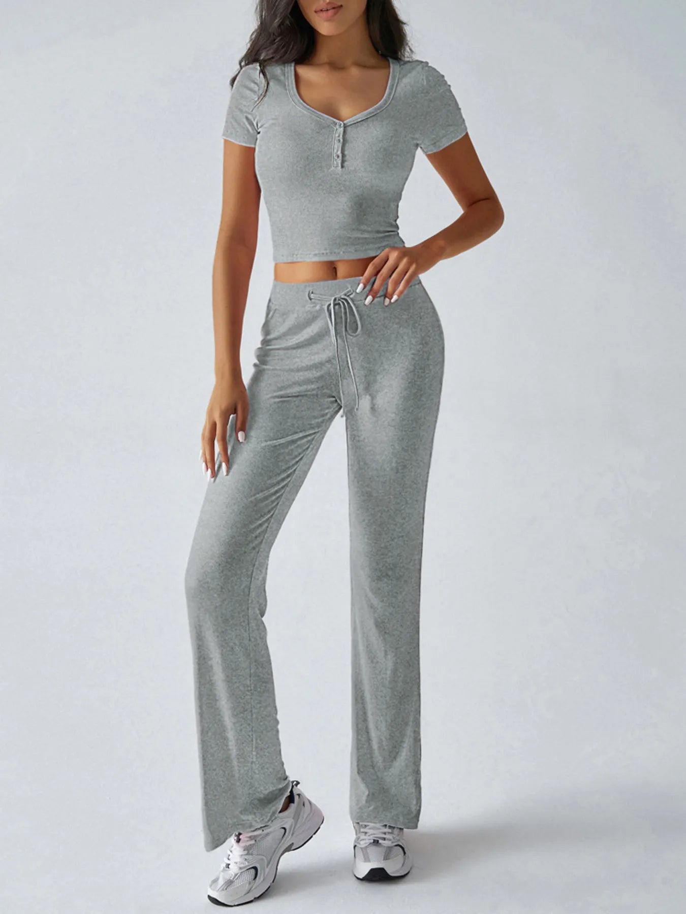 Two-piece pink ribbed crop top and pants set for women – Voguelle