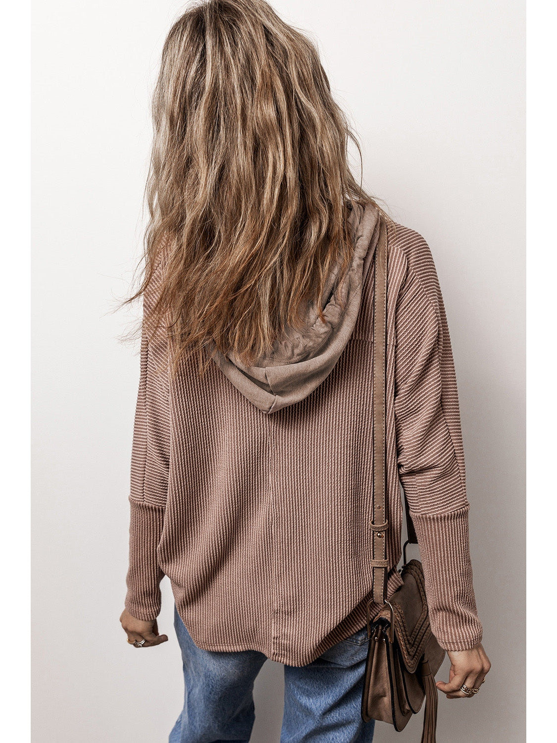 Brown pocketed half button hoodie front view – Voguelle