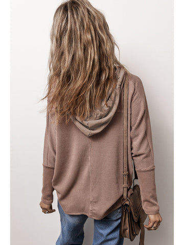 Brown pocketed half button hoodie front view – Voguelle
