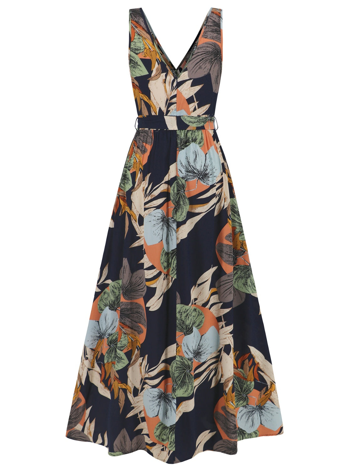 Model seated in floral slit tied maxi dress – Voguelle